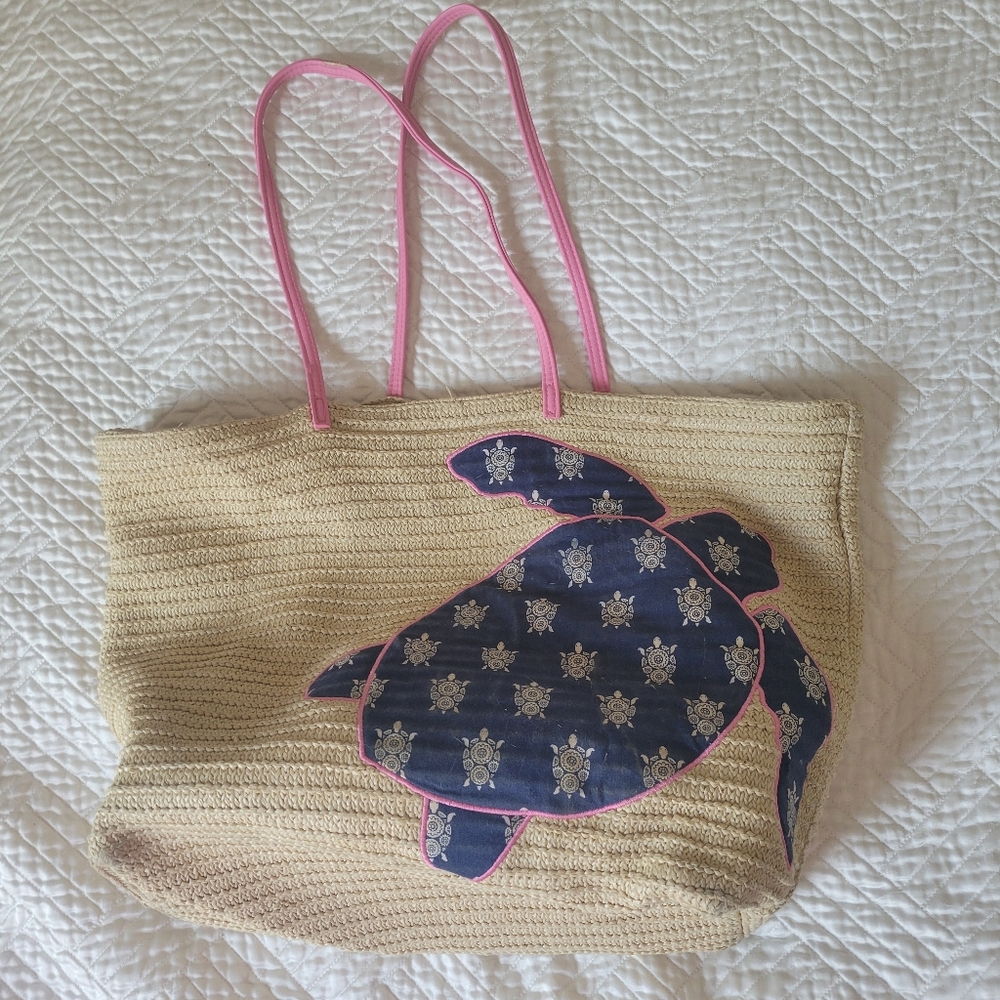 Vera Bradley Straw Turtle Beach Tote Pink Handle Coastal Summer Bag - Picture 3 of 9